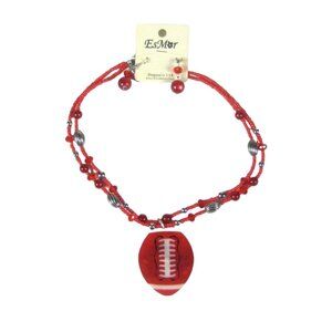 Set 3 Necklace  20 in Earrings Football Pendant Silvertone Plastic Beaded